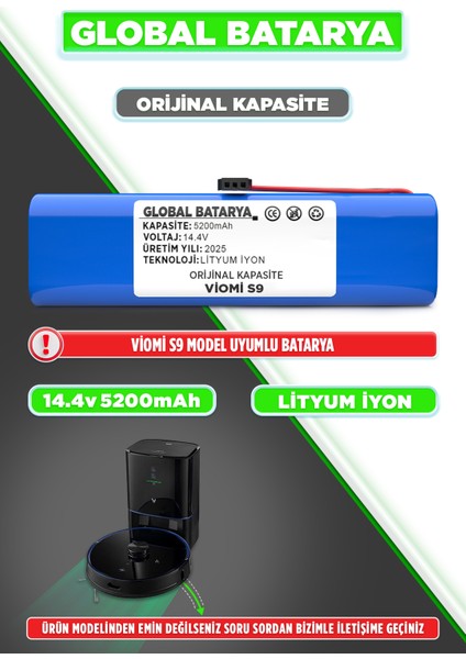 S9 Uyumlu Akıllı Robot Süpürge Bataryası 14.4V 5200mAh Li-ion Pil (Orijinal Kapasite)