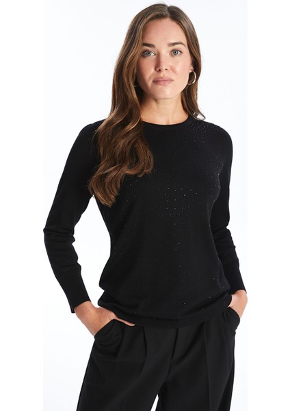 Yeni Sezon Bisiklet Yaka Taşlı Kadın Triko Kazak