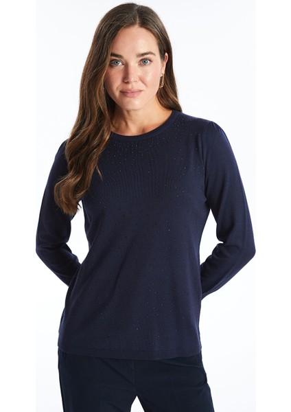 Yeni Sezon Bisiklet Yaka Taşlı Kadın Triko Kazak