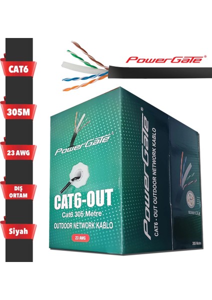 Cat6-Out-Cca, Outdoor (Dış Mekan), Polietilen, 23AWG 0.57MM, Utp, Cat6, Cca Kablo, 305M, Siyah