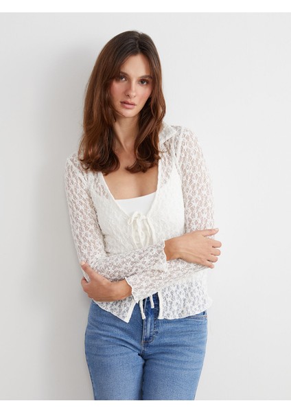 Yeni Sezon Bağlamalı Yaka Dantelli Kadın Hırka
