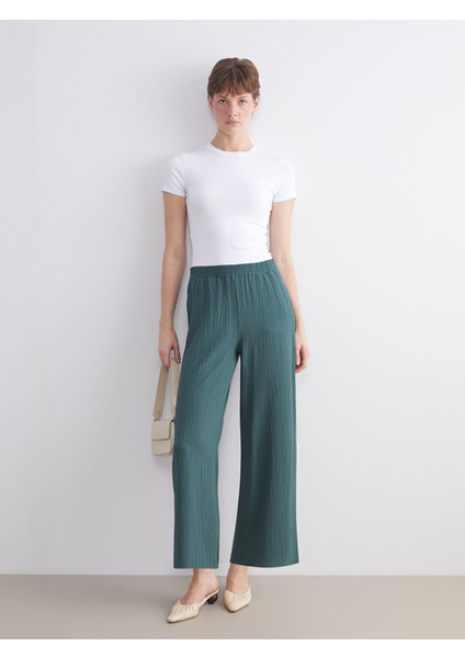 Yeni Sezon Beli Lastikli Dokulu Geniş Paça Kadın Pantolon