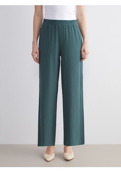 Yeni Sezon Beli Lastikli Dokulu Geniş Paça Kadın Pantolon modelleri