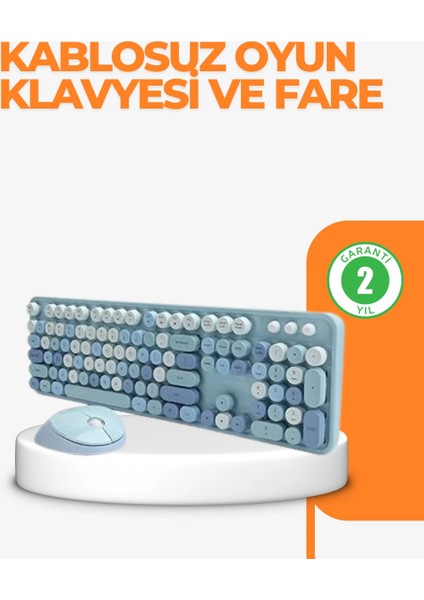 Kablosuz Retro Klavye ve Mouse Seti – 104 Tuşlu Sevimli Tasarım