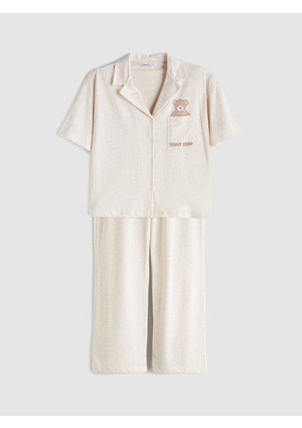 Yeni Sezon Gömlek Yaka Ayı Baskılı Kadın Pijama Takımı indirimleri