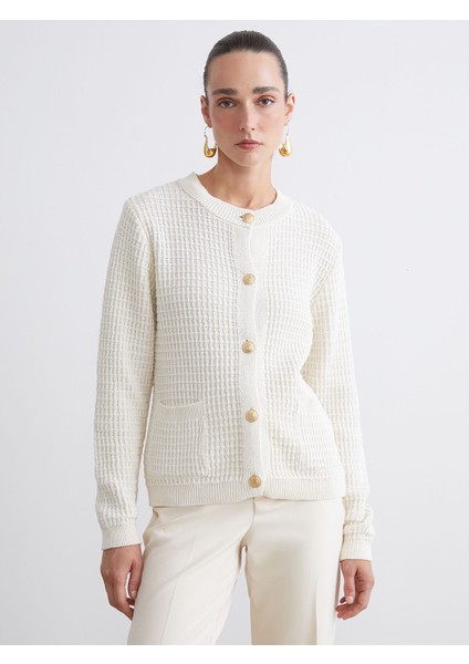 Yeni Sezon Bisiklet Yaka Kendinden Desenli Kadın Triko Hırka