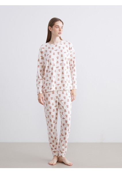 Yeni Sezon Bisiklet Yaka Ayı Baskılı Kadın Pijama Takımı