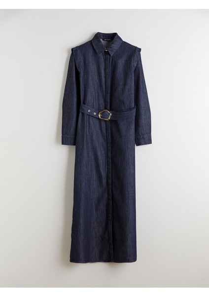 Yeni Sezon Gömlek Yaka Kemerli Jean Elbise