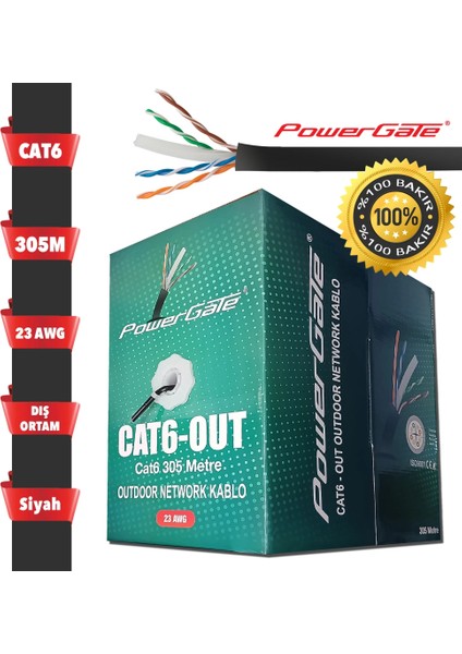 Cat6-Out-Copper, Outdoor (Dış Mekan), Polietilen, 23AWG 0.57MM, Utp, Cat6, %100 Bakır Kablo, 305M, Siyah