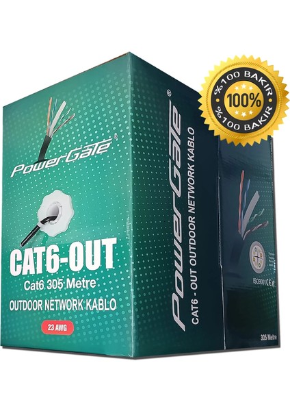 Cat6-Out-Copper, Outdoor (Dış Mekan), Polietilen, 23AWG 0.57MM, Utp, Cat6, %100 Bakır Kablo, 305M, Siyah fiyatları