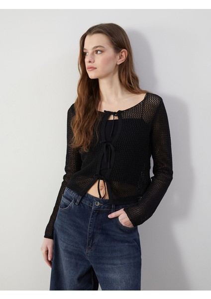 Yeni Sezon Kayık Yaka Ajurlu Kadın Triko Hırka