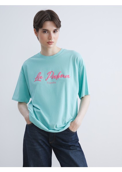 Yeni Sezon Bisiklet Yaka Baskılı Oversize Kadın Tişört