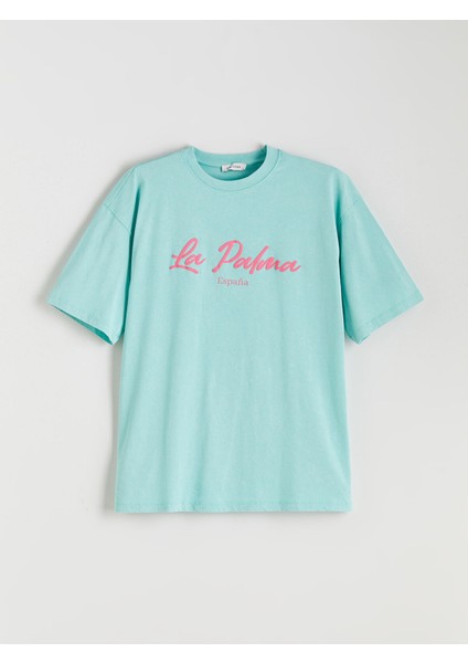 Yeni Sezon Bisiklet Yaka Baskılı Oversize Kadın Tişört indirimleri