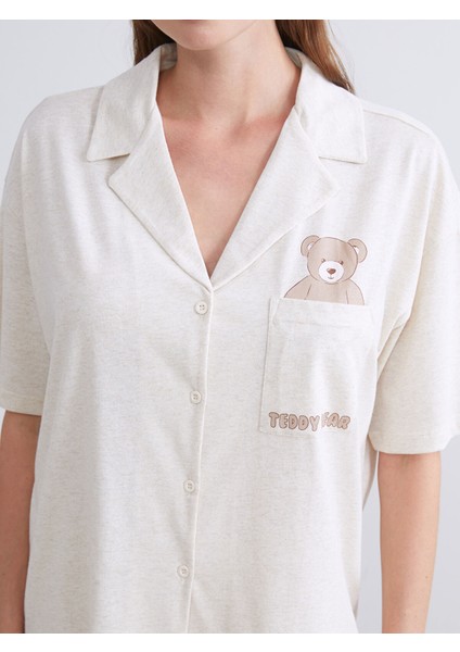 Yeni Sezon Gömlek Yaka Ayı Baskılı Kadın Pijama Takımı modelleri