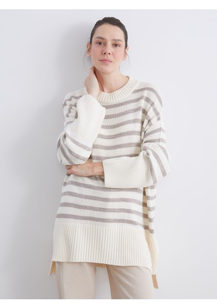 Yeni Sezon Bisiklet Yaka Çizgili Oversize Kadın Triko Kazak