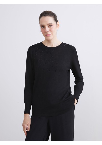 Yeni Sezon Bisiklet Yaka Taşlı Kadın Triko Kazak