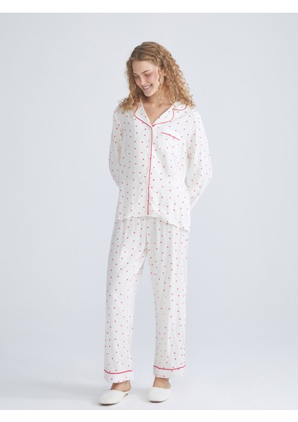 Yeni Sezon Gömlek Yaka Baskılı Kadın Pijama Takımı