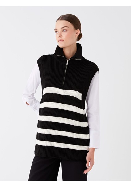 Yeni Sezon Dik Yaka Çizgili Oversize Kadın Triko Süveter