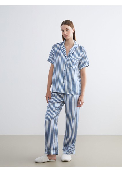 Yeni Sezon Gömlek Yaka Çizgili Kadın Pijama Takım