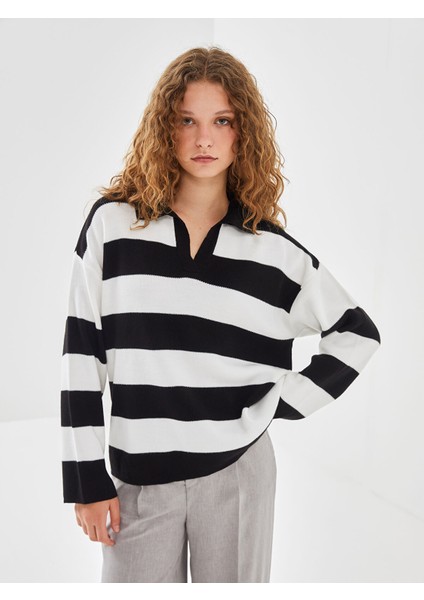 Yeni Sezon Polo Yaka Çizgili Kadın Triko Kazak
