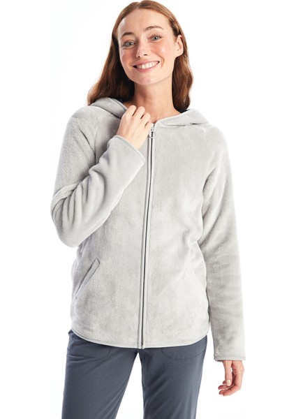 Yeni Sezon Kapüşonlu Düz Uzun Kollu Kadın Pelüş Pijama Üst