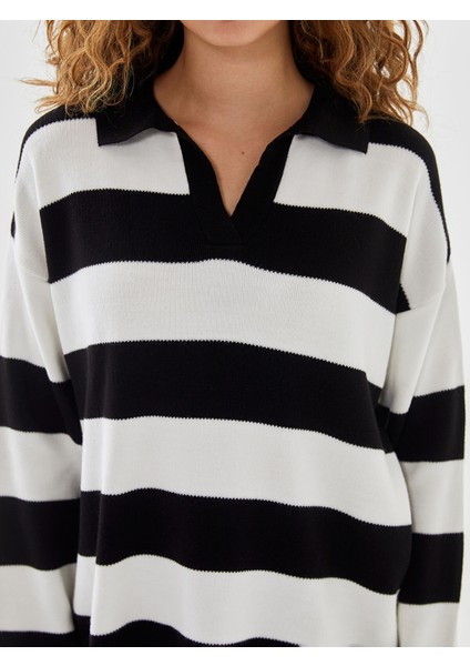 Yeni Sezon Polo Yaka Çizgili Kadın Triko Kazak modelleri