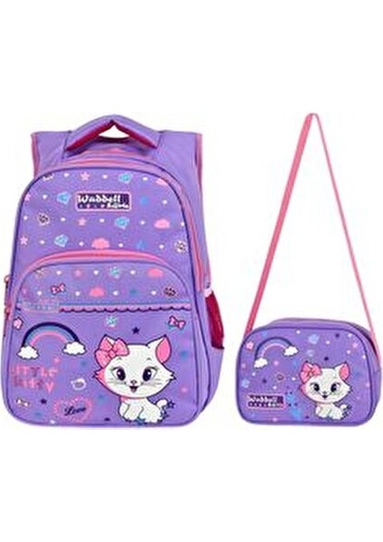 Lisanslı Lila Sevimli Kedi Desenli Ilkokul Sırt Çantası ve Beslenme Çantası fiyatları