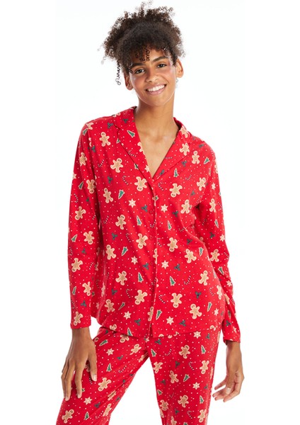 Yeni Sezon Gömlek Yaka Yılbaşı Temalı Kadın Pijama Takımı