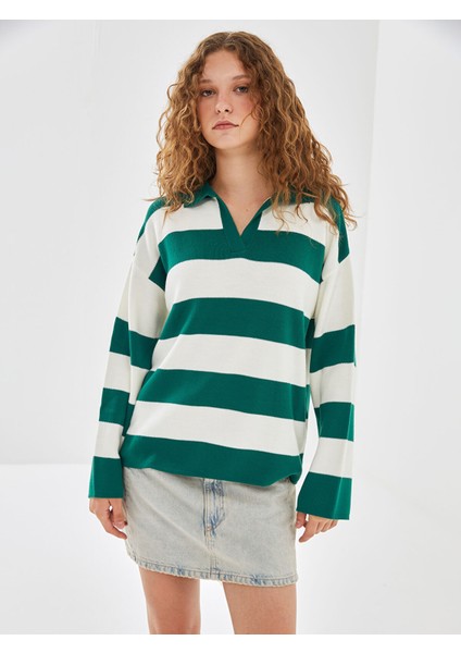 Yeni Sezon Polo Yaka Çizgili Kadın Triko Kazak