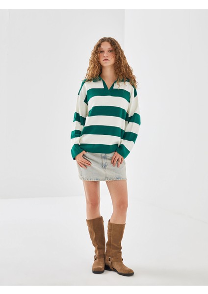 Yeni Sezon Polo Yaka Çizgili Kadın Triko Kazak fiyatları