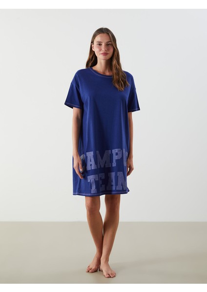 Yeni Sezon Bisiklet Yaka Baskılı Kadın Gecelik