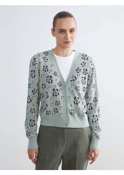 Yeni Sezon V Yaka Çiçekli Kadın Triko Hırka