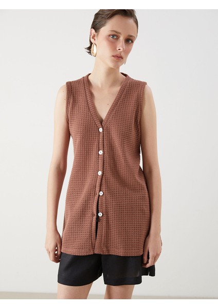 Yeni Sezon V Yaka Kendinden Desenli Kadın Yelek