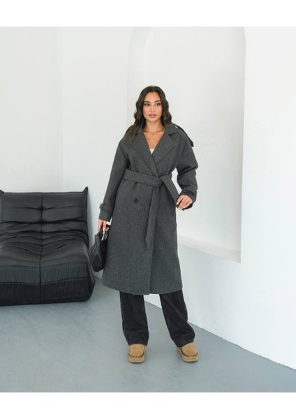 Yeni Sezon Kruvaze Yaka Kuşaklı Astarlı Oversize İthal Kaşe Kaban indirimleri