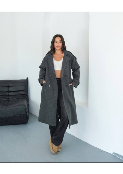 Yeni Sezon Kruvaze Yaka Kuşaklı Astarlı Oversize İthal Kaşe Kaban