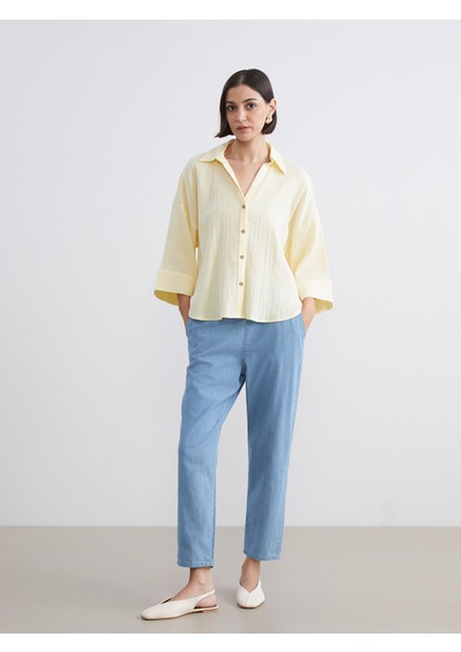 Yeni Sezon Beli Lastikli Paperbag Kadın Jean Pantolon