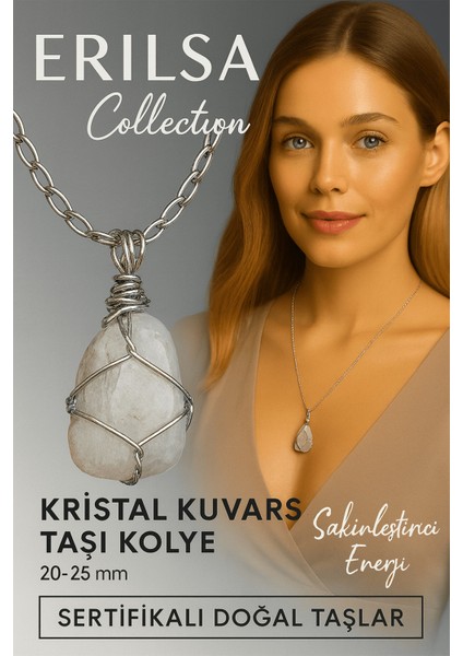 Sertifikalı Gümüş Tel Sargılı Doğal Kristal Kuvars Taşı Kolye – 25-30 mm Arınma ve Denge Taşı