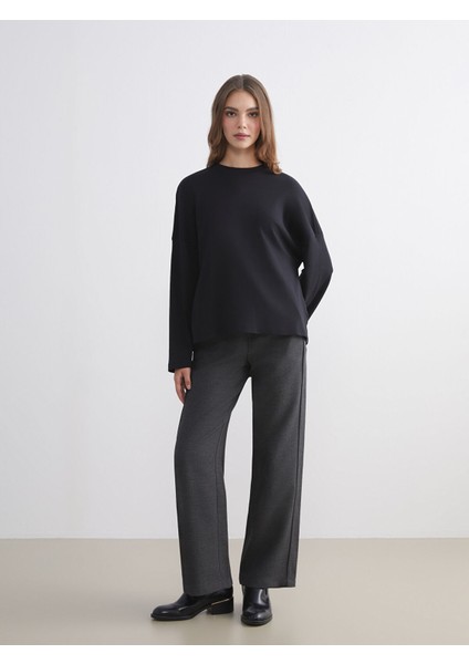 Yeni Sezon Beli Lastikli Dokulu Geniş Paça Kadın Pantolon