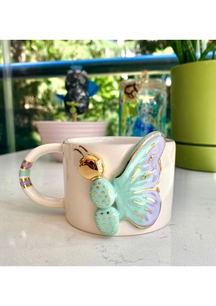 El Yapımı Seramik Gerçek 24K Altın Dekorlu Mavi Yarım Kelebek Kupa