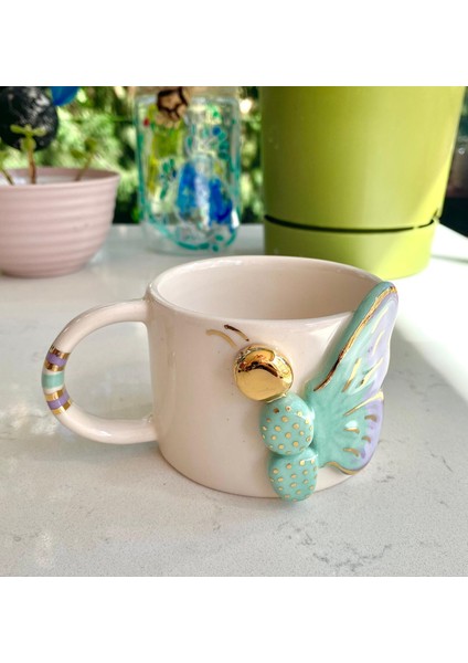 El Yapımı Seramik Gerçek 24K Altın Dekorlu Mavi Yarım Kelebek Kupa fiyatları