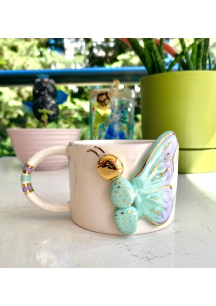 El Yapımı Seramik Gerçek 24K Altın Dekorlu Mavi Yarım Kelebek Kupa modelleri