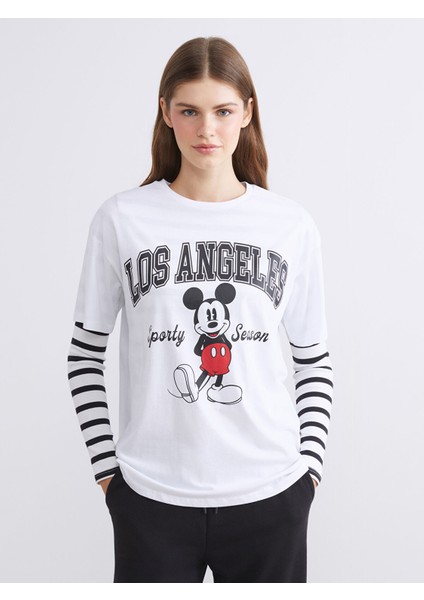 Yeni Sezon Bisiklet Yaka Mickey Mouse Baskılı Kadın Tişört