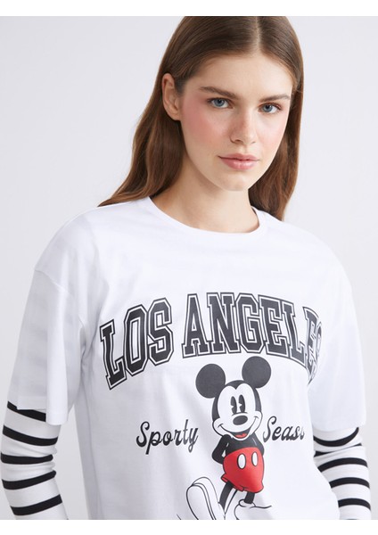 Yeni Sezon Bisiklet Yaka Mickey Mouse Baskılı Kadın Tişört modelleri