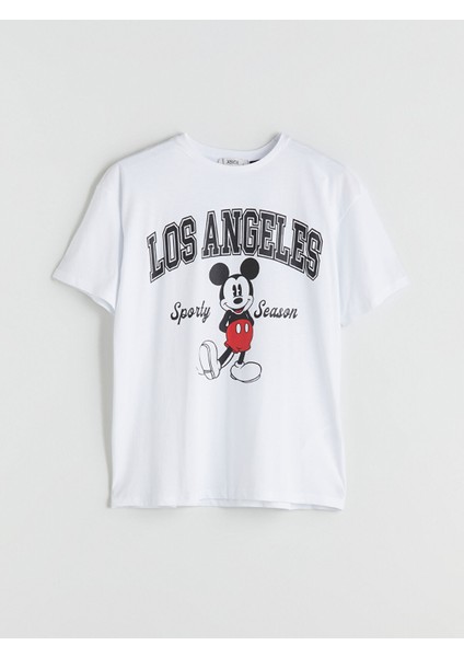 Yeni Sezon Bisiklet Yaka Mickey Mouse Baskılı Kadın Tişört indirimleri