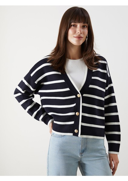 Yeni Sezon V Yaka Çizgili Oversize Kadın Triko Hırka