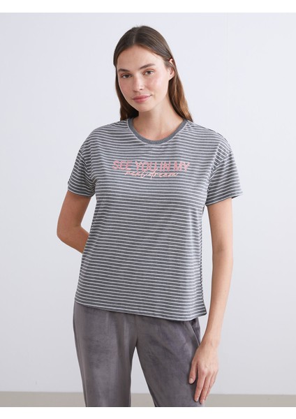 Yeni Sezon Bisiklet Yaka Çizgili Kadın Pijama Üstü