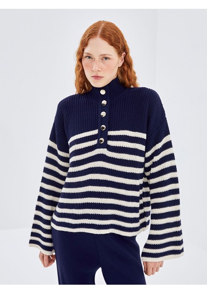 Yeni Sezon Yarım Balıkçı Yaka Çizgili Oversize Kadın Triko Kazak