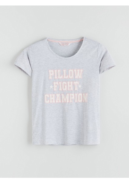 Yeni Sezon Bisiklet Yaka Baskılı Kadın Pijama Üst
