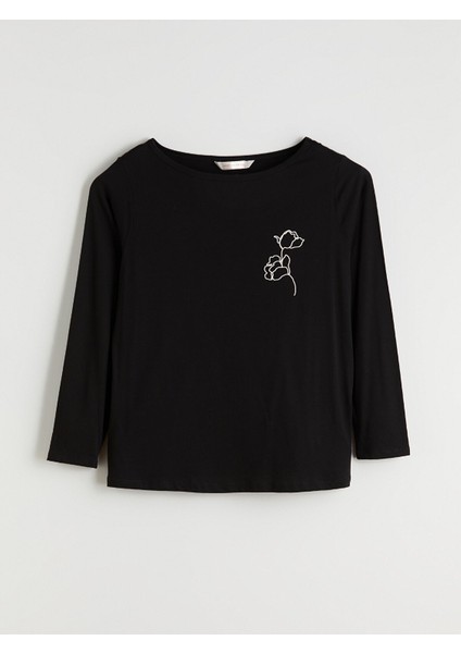 Yeni Sezon Bisiklet Yaka Baskılı Kadın Pijama Üstü