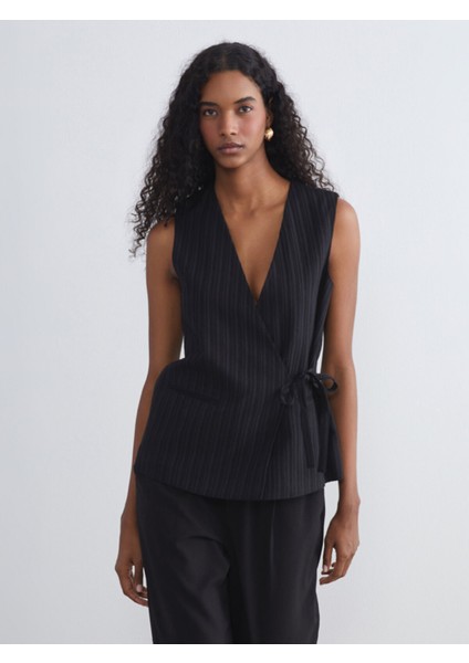 Yeni Sezon Kruvaze Yaka Keten Karışımlı Kadın Klasik Yelek